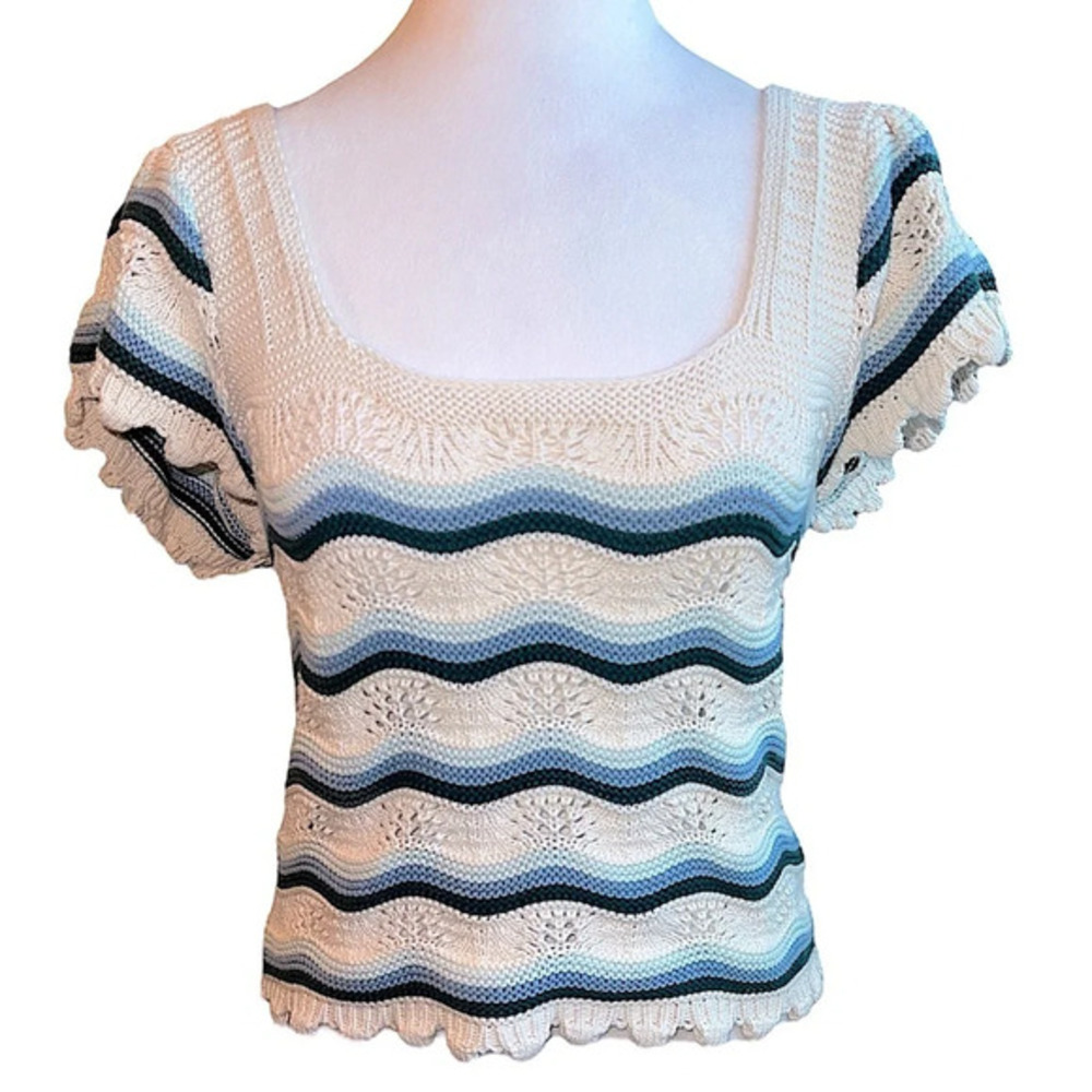 Jessica Simpson Short Sleeve Sweater Square Neck Crochet Shirt Top M